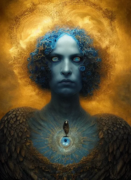 Prompt: Her huge ominous glowing blue eyes staring into my soul , perfect eyes, agostino arrivabene, WLOP, Tomasz strzalkowski, 8k portrait render, raven angel wings, beautiful lighting, dark fantasy art, rococo, gold filigree, cgsociety