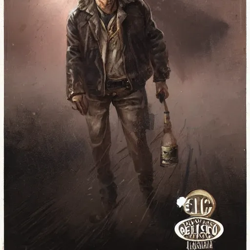 Image similar to a highly detailed epic cinematic concept art CG render digital painting artwork costume design: beareded Humphrey Bogart, old scars, long hair, grizzled, tired, in an old 1950s leather jacket, with a bottle of whisky in hand. By Greg Rutkowski, Ilya Kuvshinov, WLOP, Stanley Artgerm Lau, Ruan Jia and Fenghua Zhong, trending on ArtStation, made in Maya, Blender and Photoshop, octane render, excellent composition, cinematic atmosphere, dynamic dramatic cinematic lighting, aesthetic, very inspirational, arthouse