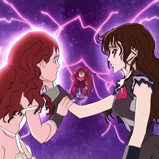 Image similar to hermione granger fighting against bellatrix lestrange, in the style of studio gainax, 2 0 1 9 harry potter anime series finale