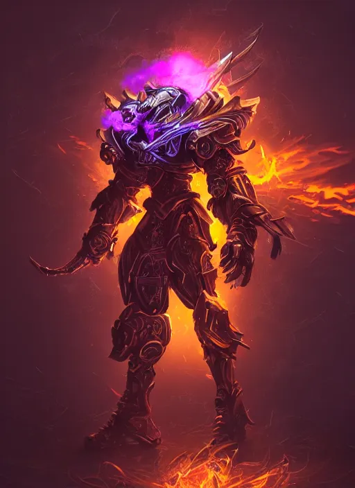 Prompt: a highly detailed illustration of fantasy cyber knight with machine gun arms, with flaming plume, rigid bulky armor, purple glowing core in armor, dramatic standing pose, intricate, elegant, highly detailed, centered, digital painting, artstation, concept art, smooth, sharp focus, league of legends concept art, WLOP