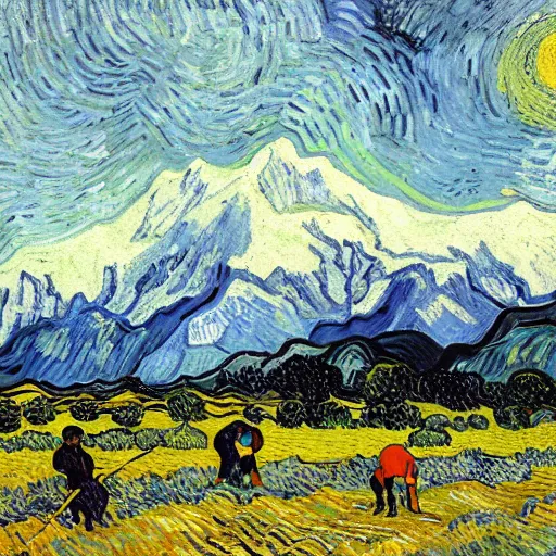 Prompt: peasants working in fields in front of aoraki mt cook, new zealand, painted by vincent van gogh