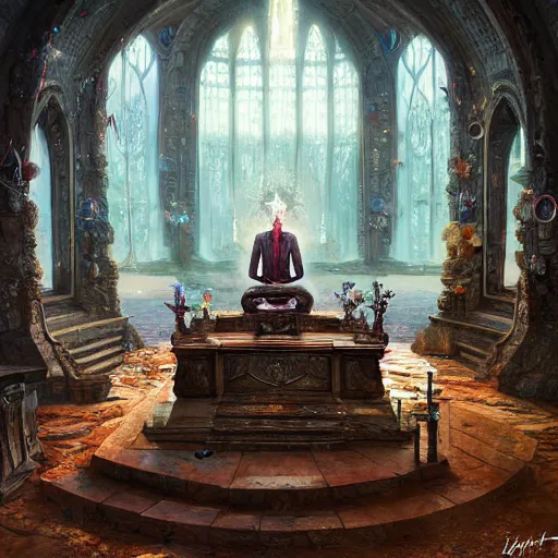 Image similar to patrick starfish meditates on the altar, hyperrealism, no blur, 4 k resolution, ultra detailed, style of ron cobb, adolf hiremy - hirschl, ismail inceoglu, rene margitte