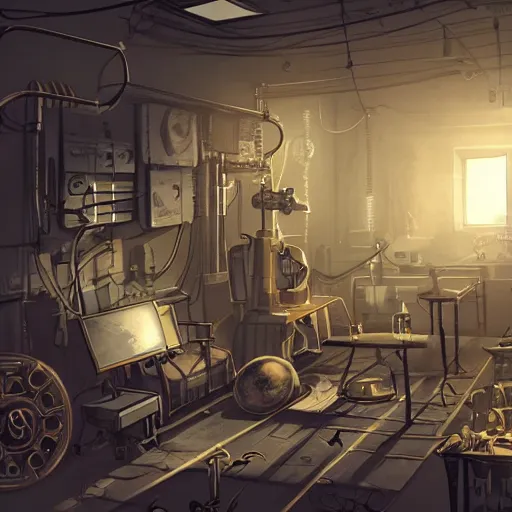 Image similar to old room full of cable, steampunk, robot, laboratory, sun shaft, indoor, interior, artstation, realistic, gibli style