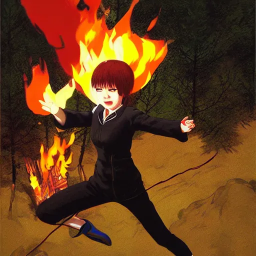 Image similar to a korean woman jumping over a campfire by ilya kuvshinov katsuhiro otomo