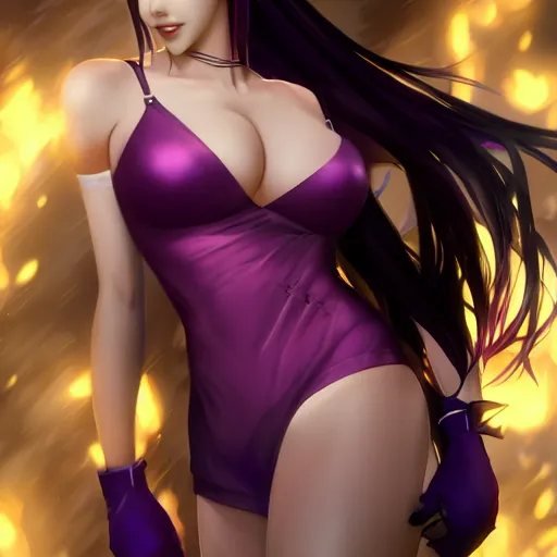 Image similar to purple dress of tifa lockhart by WLOP, rossdraws, Logan Cure, Mingchen Shen, BangkuART, sakimichan, yan gisuka, JeonSeok Lee, zeronis, Chengwei Pan on artstation