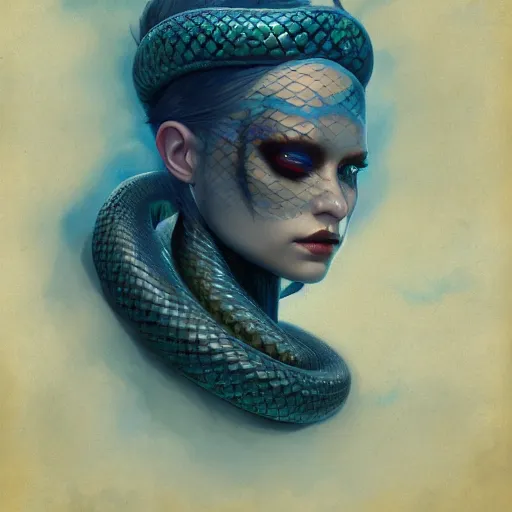 Prompt: princess of snakes, crown of snakes, blue skin, by Anato Finnstark, Tom Bagshaw, Brom