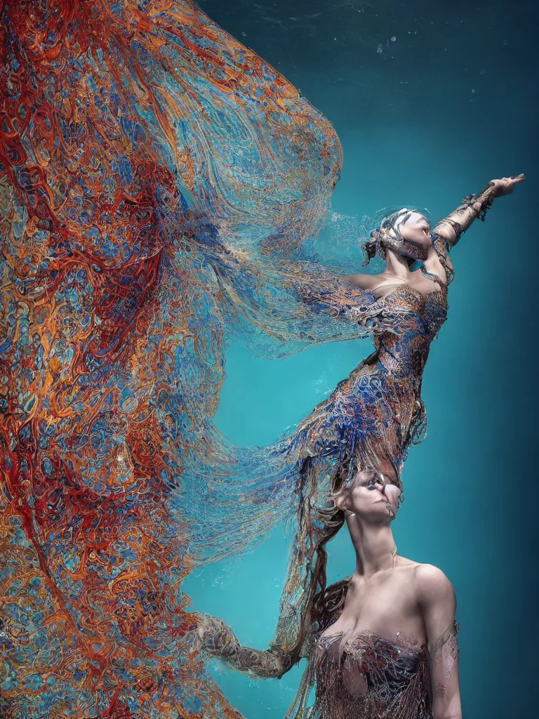 Image similar to a beautiful hyperdetailed rendering of an underwater bellydancer with extremely long flowy dress like a beta fish fins, weightless, deep color, fine bubbles, cryengine, 8 k, extreme detail, full subject in frame and view, epic scale ultrawide angle, designed by iris van herpen and alexander mcqueen, slow motion fashion, low key lighting