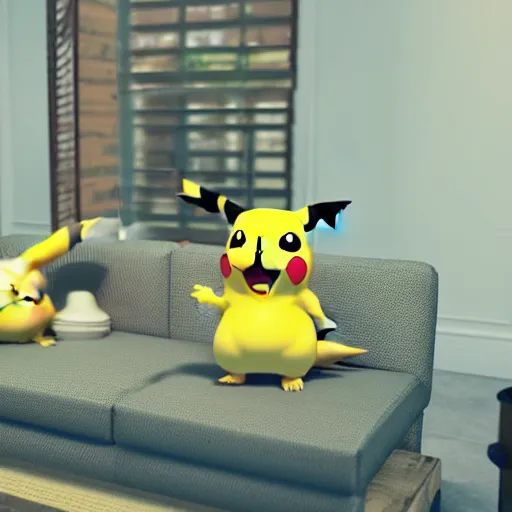 Image similar to Pikachu taking a bong rip on the couch, unreal engine 5, octane render, cgsociety, living room interior, soft lighting, ray tracing,