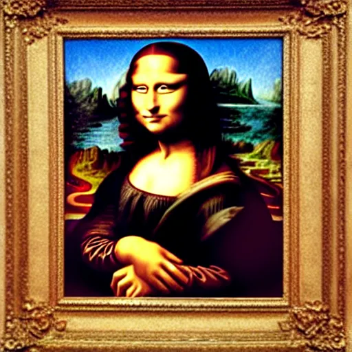 Prompt: Mona Lisa by Banksy hyper real oil painting