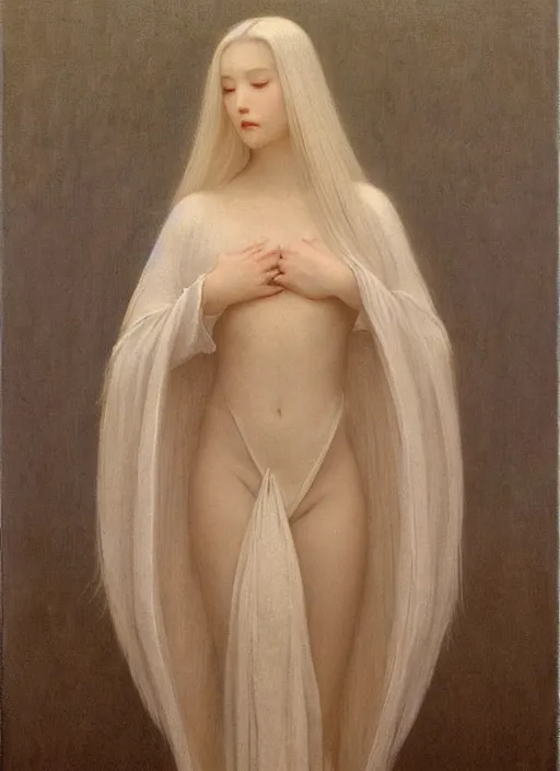 Image similar to thin young beautiful angel with silver hair, pale!, wearing white robes!, wearing hair, golden goddess, young adorable korean face, silver hair!!, oil on canvas, style of jean delville, 4 k resolution, aesthetic!,