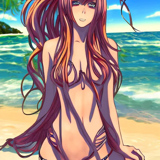 Image similar to an anime portrait of a beautiful girl in the beach, Digital art, intricate details,