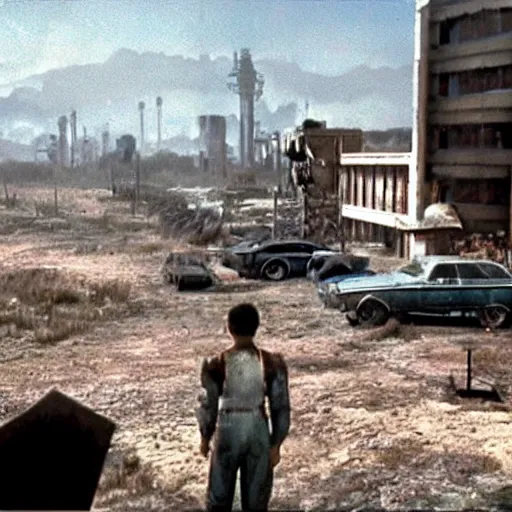 Prompt: a scene from a fallout movie, 1983