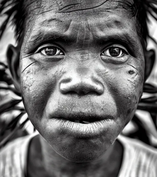 Image similar to Award winning reportage photo of Palau Natives with incredible hair and beautiful hyper-detailed eyes wearing traditional garb by Lee Jeffries, 85mm ND 5, perfect lighting, gelatin silver process