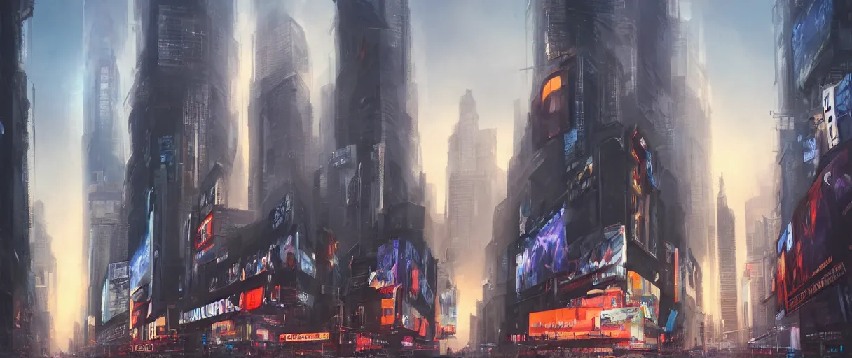 Image similar to huge modern downtown city, billboards, Times Square, dark, concept art, digital painting, style of jordan grimmer, warm lighting, futuristic, volumetric lighting, view from below, daytime, godrays , high detail