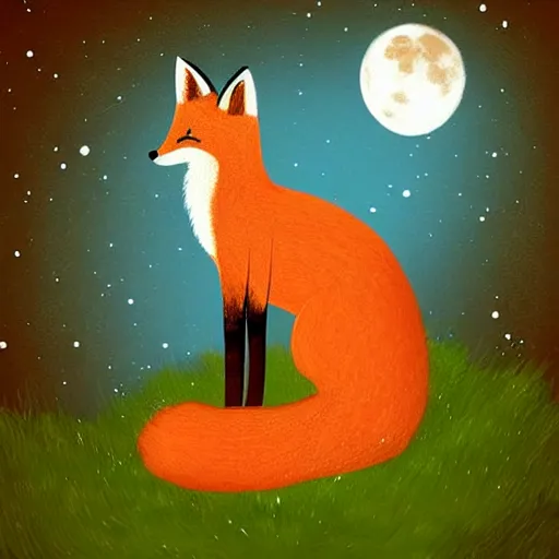 Image similar to “a fox sitting in the woods, looking up at the night sky. The moon shines brightly. digital art, painting”