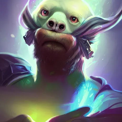 Prompt: lazy sloth as dota 2 character, digital illustration portrait design, by android jones and greg rutkowski, retrowave color scheme, detailed, cinematic lighting, wide angle action dynamic portrait