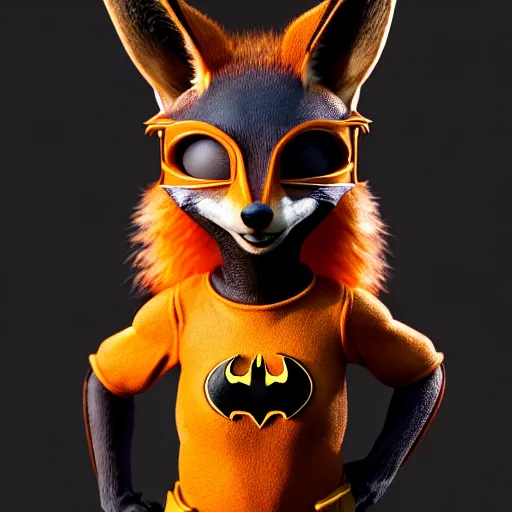 Image similar to weta disney pixar movie still macro close photo of cute anthropomorphic vulpes vulpes fulva wearing batman costume : : by weta, greg rutkowski, wlop, ilya kuvshinov, rossdraws, artgerm, octane render, iridescent, bright morning, anime, liosh, mucha : :