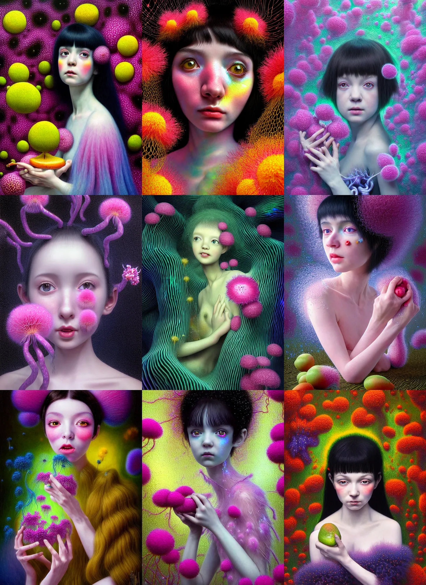 Prompt: insanely realistic detailed 3d render like a Oil painting - kawaii portrait Aurora (black haired Fae) seen Eating of the Strangling network of yellowcake aerochrome and milky Fruit and Her delicate Hands hold of gossamer polyp blossoms bring iridescent fungal flowers whose spores black the foolish stars by Jacek Yerka, Mariusz Lewandowski, Houdini algorithmic generative render, Abstract brush strokes, Masterpiece, Edward Hopper and James Gilleard, Zdzislaw Beksinski, Mark Ryden, Wolfgang Lettl, hints of Yayoi Kasuma, octane render, 8k