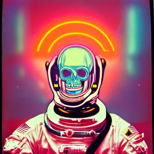 Prompt: astronaut with a neon glowing skull, 1 9 6 0 s, color bleed, video compression, video glitch, stanley kubrick