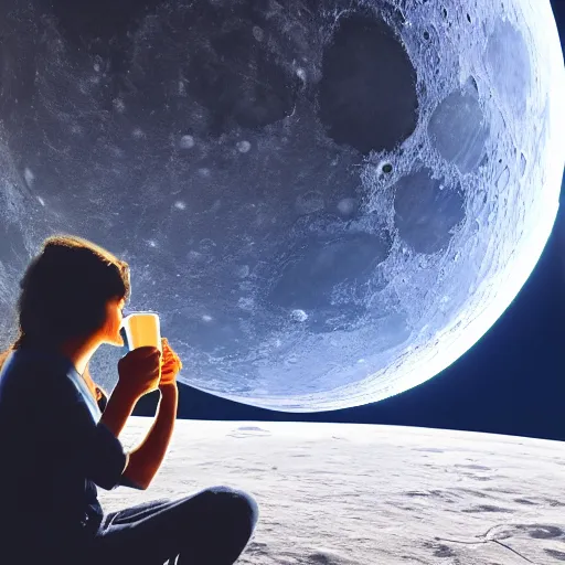 Prompt: first person perspective, me drinking coffee while sitting at the moon and looking back at earth, photorealistic, ultra-detailed, 4k high resolution, HDR shot