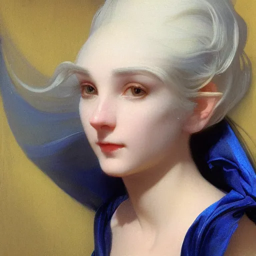 Prompt: a young woman's face, her hair is white and she wears an indigo satin cloak, by ivan aivazovsky and syd mead and moebius and gaston bussiere and roger dean and pieter claesz and paul delaroche and alma tadema and aelbert cuyp and willem claesz, hyperrealistic, volumetric light, octane render