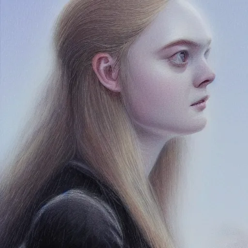 Image similar to professional painting of Elle Fanning in the style of Wayne Barlowe, head and shoulders portrait, symmetrical facial features, smooth, sharp focus, illustration, intricate, stormy weather, extremely detailed masterpiece,