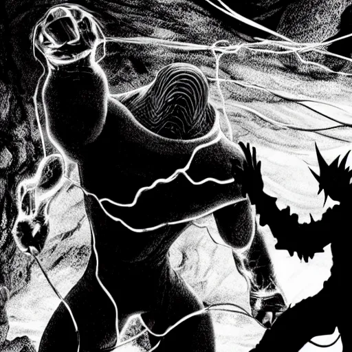 Prompt: black and white thanos fight with the thanos in a cave, by tsutomu nihei, black and white, old cave with slime and wires blur background, cinematic, perspective, realistic