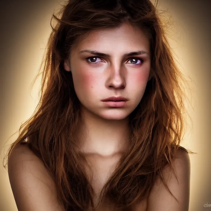 Image similar to photographic Close-up face of a extremely beautiful girl with light brown hair , high light on the left, non-illuminated backdrop, illuminated by a dramatic light, Low key lighting, light dark, High constrast, dramatic , Steve Mccurry, Greg Rutkowski, Alphonse Mucha ,dark background, high quality, photo-realistic, 8K,