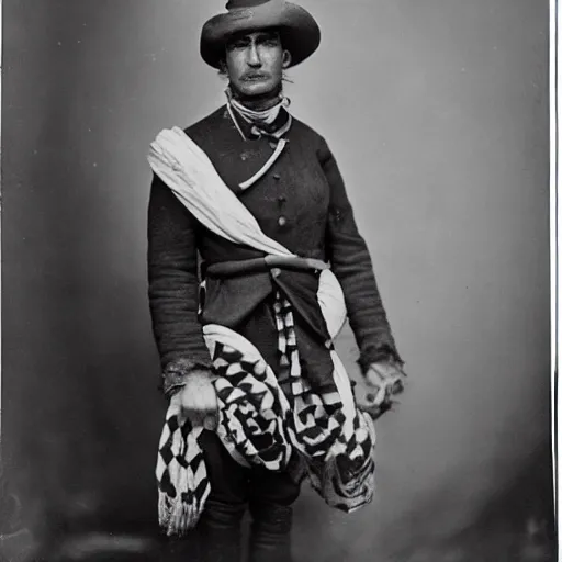 Prompt: A 1900 photography of a colonial explorer wearing bauhaus cloth next to a eagle