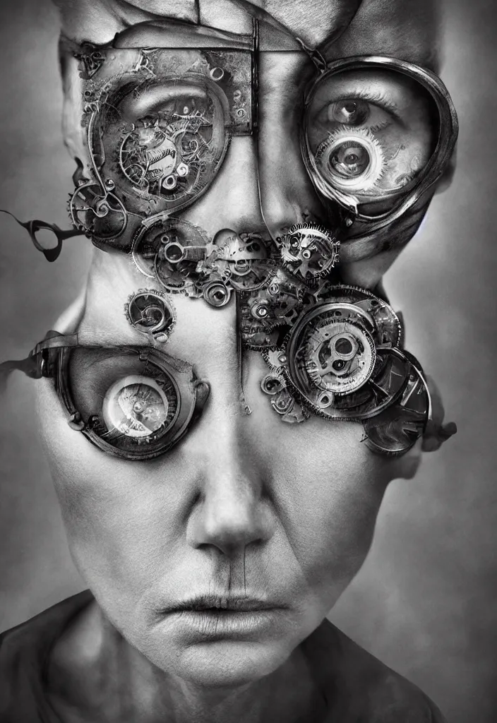 Prompt: full frame steampunk hybrid organic zipped face, by lee jeffries, gelatin silver process photo, erik johansson,