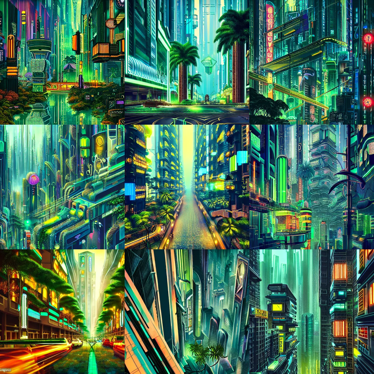 Prompt: detailed photo of a beautiful Art Deco cyberpunk city in a rainforest