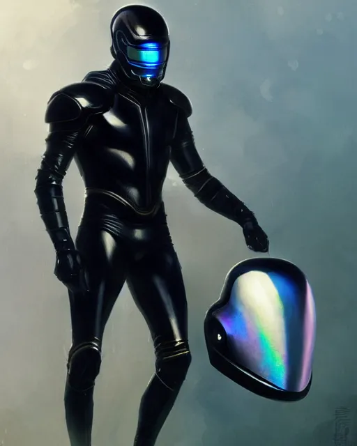 Prompt: iridescent sinewy smooth muscular male sleek glossy black pearlescent scifi armor with smooth black featureless helmet, by greg rutkowski, mark brookes, jim burns, tom bagshaw, trending on artstation