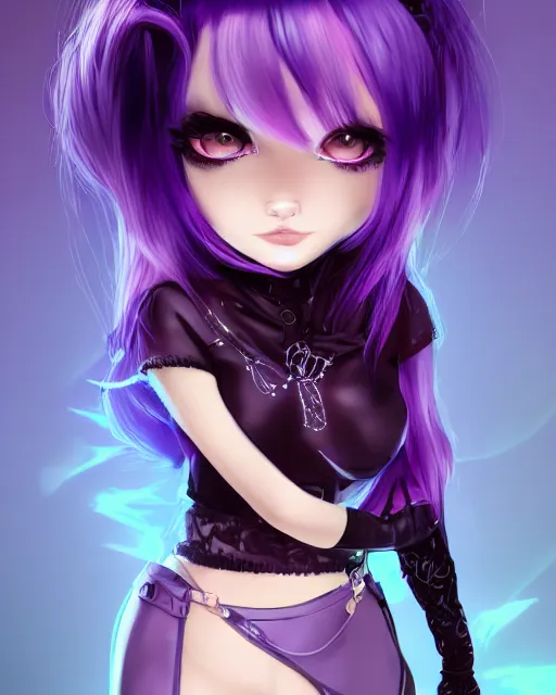 Image similar to kerli koiv animel goth girl with purple hair in mini skirt and crop top intricate, full body, extremely detailed, artstation, 8 k, sensual lighting, incredible art, wlop, artgerm