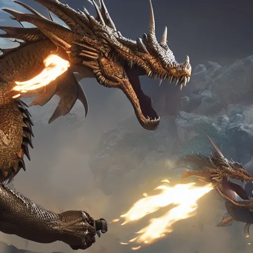 Prompt: fighting dragons, pov, unreal engine, hyper realistic, arms, dragons breathing fire,