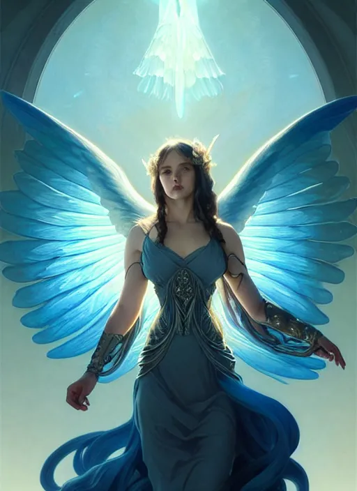 Image similar to a beautiful cinematic female archangel queen, fantasy sea landscape, fantasy magic, short aqua blue black fade hair, dark light night, intricate, elegant, sharp focus, illustration, highly detailed, digital painting, concept art, matte, art by WLOP and Artgerm and Greg Rutkowski and Alphonse Mucha, masterpiece