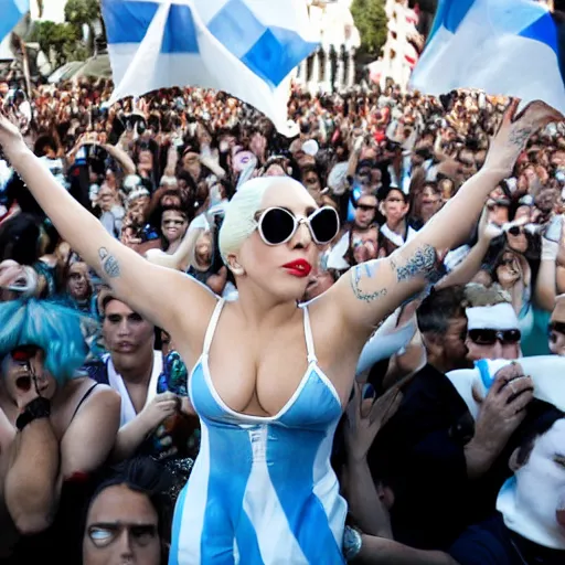 Prompt: Lady Gaga as Evita, Argentina presidential rally, Argentine flags behind, bokeh, epic photo, detailed, Argentina