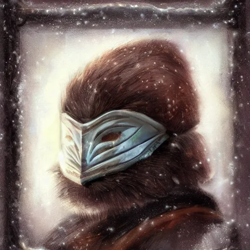 Prompt: fantasy snow bandit ‘ icewind dale ’ with mask, snow scene, ‘ icewind dale 2 ’ profile portrait by ‘ justin sweet ’, falling snow, soft focus, oil paint