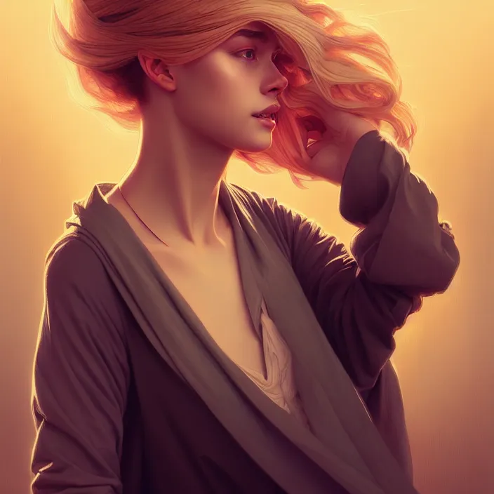 Image similar to blindfold handsome young women with shoulder length blonde hair, symmetrical, half body shot, path traced, highly detailed, high quality, digital painting, alena aenami, lilia alvarado, shinji aramaki, karol bak, alphonse mucha, tom bagshaw