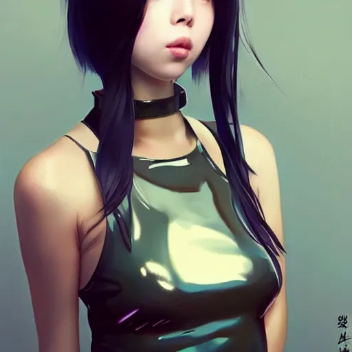 Image similar to a beautiful young korean kpop star billie eilish lucy liu alluring instagram model in elaborate latex tank top, jrpg tank top made from latex demon faces, by guweiz and wlop and ilya kuvshinov and artgerm and, aesthetic, gorgeous, stunning, alluring, attractive, artstation, deviantart, pinterest, digital art