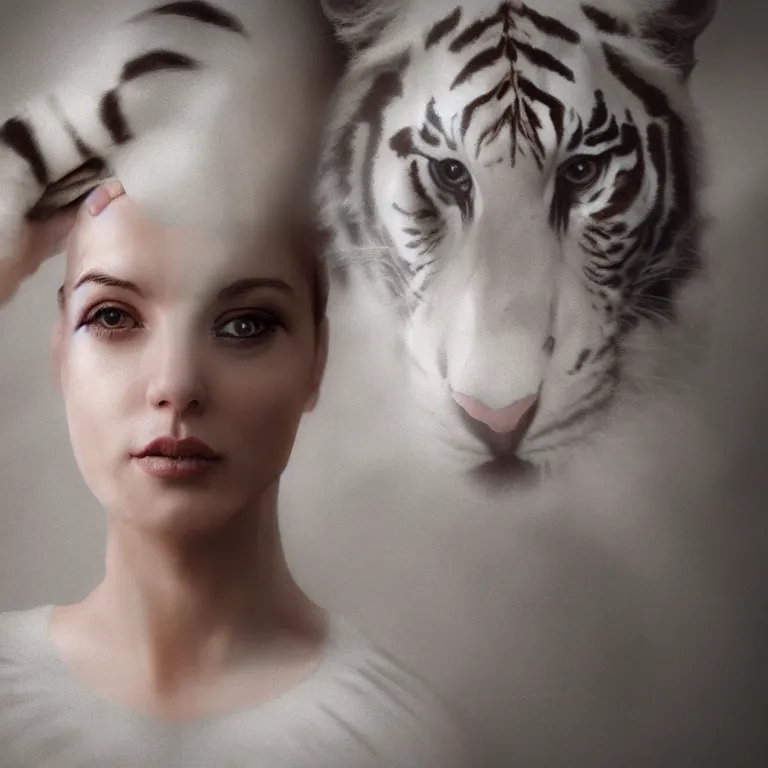 Image similar to hight focus of a wonderful realistic focused sweet wonderful symmetrical mid portrait of a lonely woman with a detailed majestic, large, semi transparent cream cotton dress who is wrestling with a realistic white tiger, dramatic light, octane render - 8 k