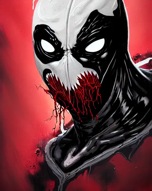 Image similar to highly detailed closeup portrait of a mutated carnage symbiote in deadpool suit with carnages face, wearing black hoodie by atey ghailan, by greg rutkowski, by greg tocchini, by james gilleard, by joe fenton, by kaethe butcher, red, black, crimson and white color scheme, grunge!! graffiti tag wall