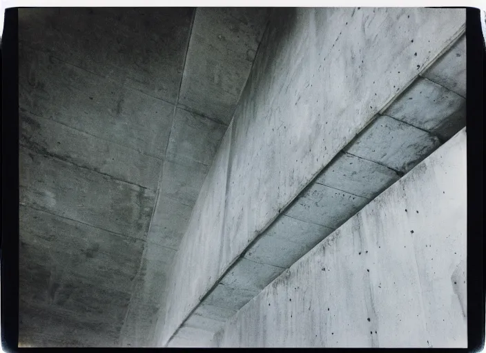 Image similar to looking down into a super deep concrete structure, foggy, megalophobia, old polaroid, expired film,