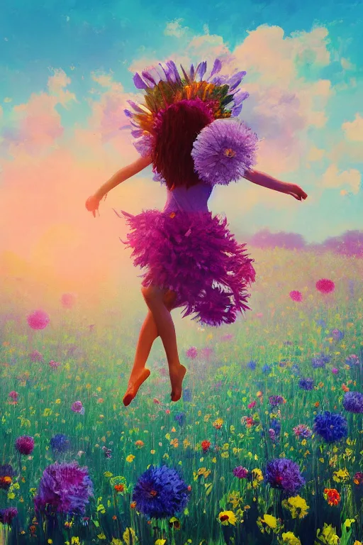 Prompt: closeup, large flower head, girl in suit jumping in field of flowers, surreal photography, sunrise, blue sky, dramatic light, impressionist painting, digital painting, artstation, simon stalenhag