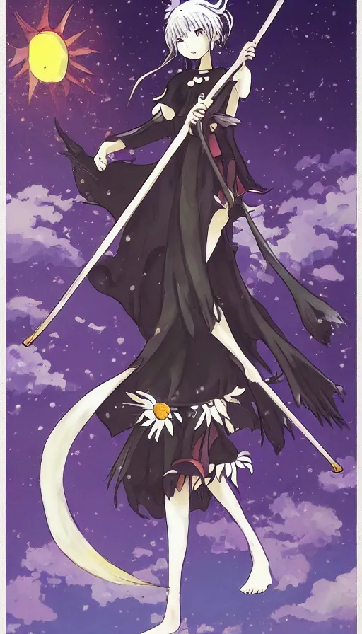 Image similar to the being death as a cute anime girl with a giant cute sun flower scythe from a studio ghibli film inspired by the death tarot card