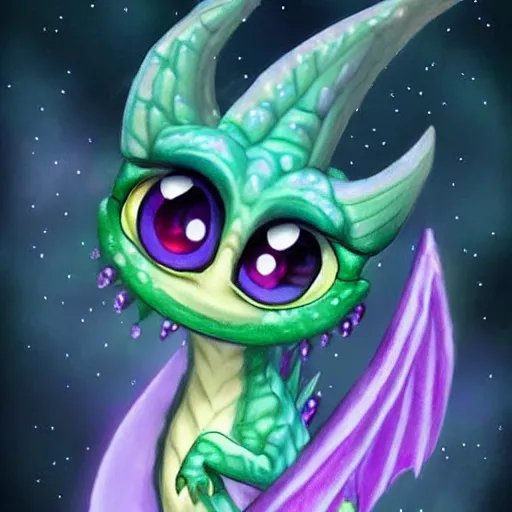 Image similar to adorable baby dragon, the dragon is purple and glittery, big eyes, fantasy concept art, pastels, ethereal fairytale, kawaii