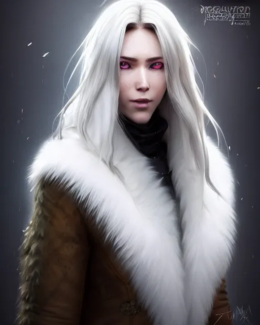 Image similar to dragon hunter wearing a fur - lined dragonhide jacket!!! beautiful and gorgeous wild white long haired female!! symmetry, character concept art, sharp focus, illustration, art by artgerm! greg rutkowski magali villeneuve wlop! ilya kuvshinov!! charlie bowater! octane render, unreal engine 5, highly rendered!