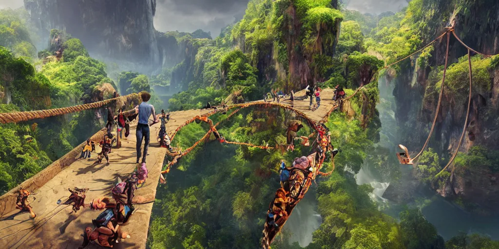 Image similar to wide angle view of colorful clothing fashion models crossing a suspended rope bridge over a deep canyon, mountainous jungle setting, trees, waterfall, river, rocks, dramatic lighting, highly detailed, artstation, unreal engine, matte painting in the style of craig mullins, Uncharted 4, fish eye lens, 8k HDR