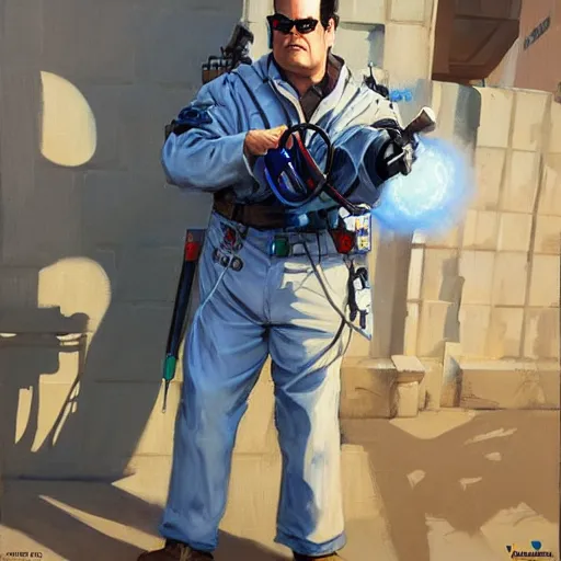 Image similar to greg manchess portrait painting of ghostbuster dan akroyd's appearance dr. raymond stantz overwatch character, medium shot, asymmetrical, profile picture, organic painting, sunny day, matte painting, bold shapes, hard edges, street art, trending on artstation, by huang guangjian and gil elvgren and sachin teng