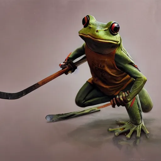 Image similar to frog wearing hockey uniform, intricate, sharp focus, illustration, highly detailed, digital painting, concept art, matte, art by ruan jia and wlop and greg rutkowski, masterpiece