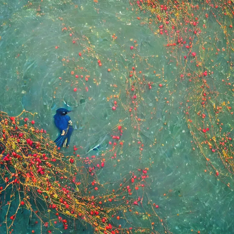 Image similar to human with the sea and the forest inside, veins diverge through the body like rivers filmed on a satellite, a person is decorated with wild berries, a beautiful bird is looking at him next, colorful picture
